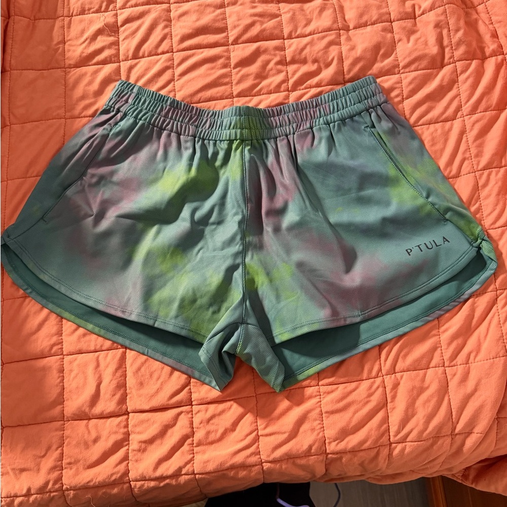 P’Tula Athletic Shorts Size Small GUC Tie-Dye Green